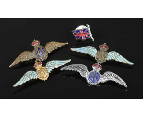 A collection of four RAF metal and enamel sweetheart brooches, together with a small enameled Union Jack pin badge.  