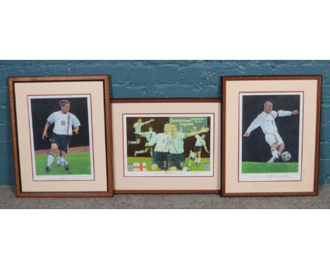 Three framed limited editions by Alan Damms depicting footballers Michael Owen and David Beckham.  H:38cm, W: 27.5cm.  One pr