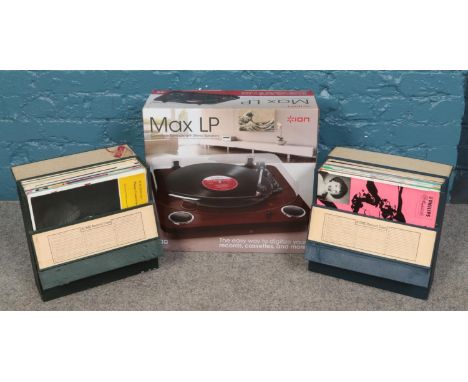 A boxed Ion Max LP conversion turntable with stereo speaker, together with two carry cases containing an assortment of vinyl 