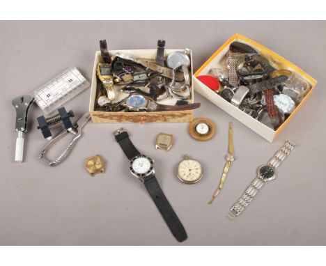 A quantity of watches/watch parts. 'Services' scout pocket watch, Reflex, Slazenger etc. To include watchmakers parts/tools. 
