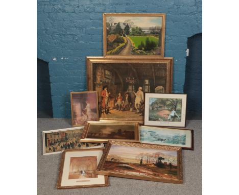 A quantity of paintings and pictures. Including oil on boards, L.S. Lowry print, etc.  