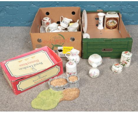 A box of assorted ceramic's. Royal Doulton Bunnykins The Robin Hood collection base (boxed), Royal Worcester trinkets, Wedgwo