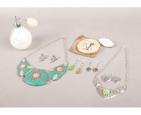 An assortment of sterling silver jewellery and accessories. To include a Stratton compact and lipstick holder, a Caithness pe