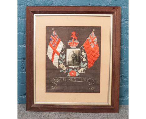A framed WW1 tapestry/silk. 'Dieu. Et. Mon. Droit' (42cm x 34cm)  no glass in frame