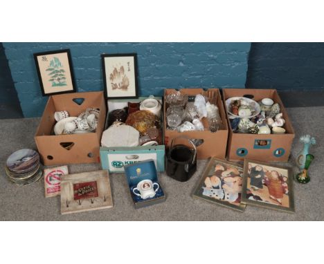 Four boxes of miscellaneous. Including ornate glass vase, boxed Royal Doulton twin handled cup, glassware, prints, etc.  