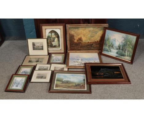 An assortment of fourteen various sized prints, oils and engravings. To include 'East view of Thornton Abbey' by B Howlett et