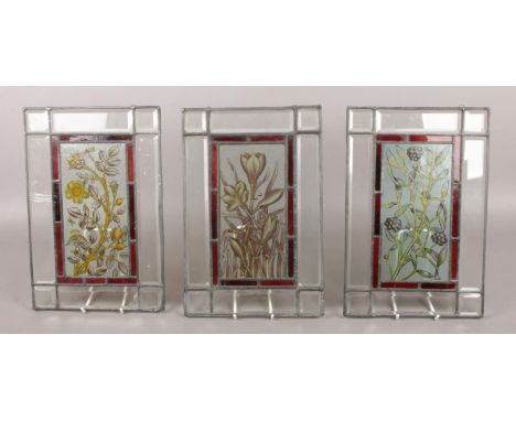 A trio of modern stained glass panels, with red borders depicting fruit and foliage (31cm x 20cm).  One panel cracked to far 