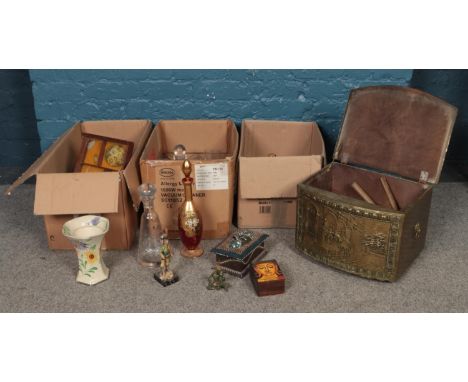 Three boxes of miscellaneous. Arthur Wood vase, cut crystal decanters, vintage hand tools etc.  