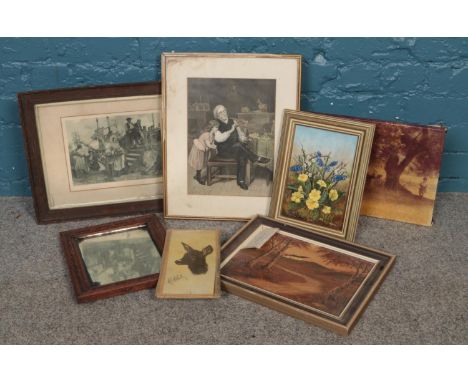 A collection of assorted prints/mirror. Jean Badham, framed oil on board 'Spring flowers', A.J McCartney framed oil on board 