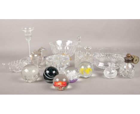 A collection of glassware. Stuart cut crystal candlestick, paperweights, cut crystal atomiser etc  