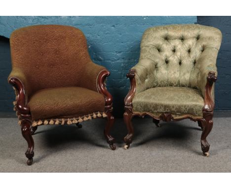 Two 19th Century fabric upholstered button back armchairs, with scrolled arms and cabriole legs. Raised on casters.  One arm 