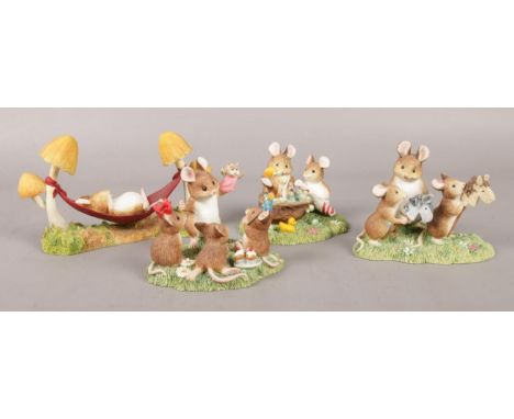 Four pieces of Border Fine Arts ceramics from the 'Merrie Mice' collection. Puppet Show, Lazy Days, Wanut Wash and Hobby Hors
