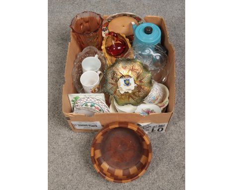 A box of miscellaneous. Includes enamel teapot, wooden bowl, Murano style duck, crested ware coal truck etc.  