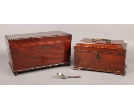 Two mahogany tea caddies (one locked). To also include white metal caddy spoon.  