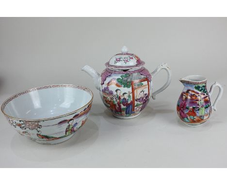 A Chinese porcelain teapot, milk jug and slop bowl, each decorated with figures in gardens and interiors (a/f)