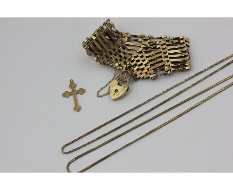 A 9ct gold gate link bracelet, cross pendant, two chains, 25.7g