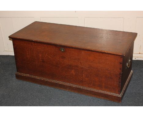 An oak trunk, with rectangular hinged top, brass carry handles, on plinth base, 116cm (a/f)