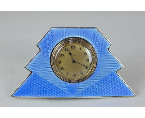 An Art Deco silver and blue enamel eight day Swiss clock, maker Barker Brothers Silver Ltd, Birmingham 1931, 14.5cm wide, (a/