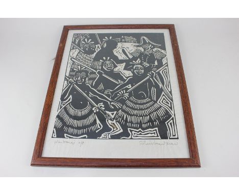 Robert Macdonald (Welsh contemporary), tribes-people before a figure dressed in uniform, block print, artist's proof, indisti