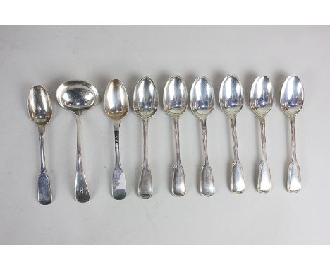 A set of six Victorian silver fiddle and thread pattern teaspoons, maker George Adams, London 1866, another pair with engrave