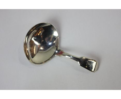 A George III silver caddy spoon with oval bowl and engraved initialled fiddle pattern handle, maker Thomas Hayter, London 180