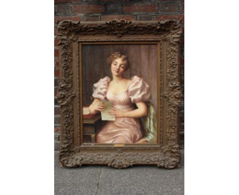 Manner of Louis Justin Maurice Perrey, portrait of a young lady holding a letter, oil on canvas, baring signature, partial pa