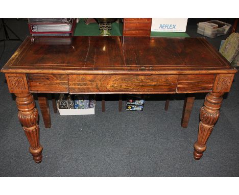 A Victorian inlaid rosewood rectangular console table with central drawer, on reeded baluster legs (a/f), 126cm