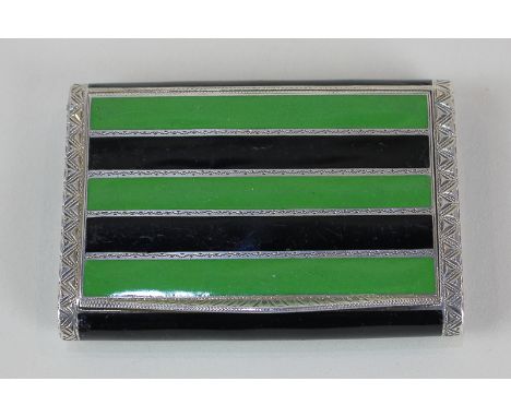 An early 20th century silver green and black enamel snuff box with striped design, London import marks dated 1926, Stockwell 