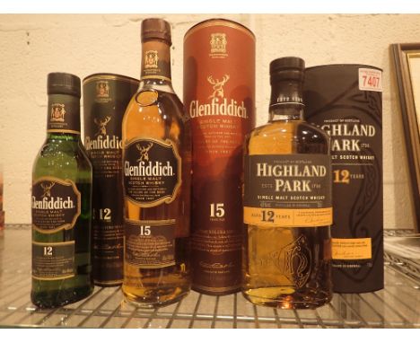 Three bottles of Scotch Whisky - two Glenfiddich, one Highland Park   CONDITION REPORT:  We are unable to post this lot. Plea