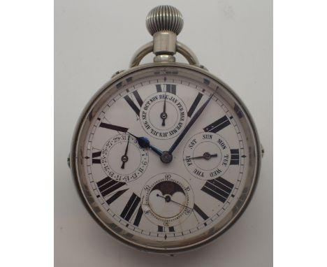 Good white metal Goliath crown wind pocket watch with day, date, month and moon phase with 1892 presentation by NBSC to TB Bi