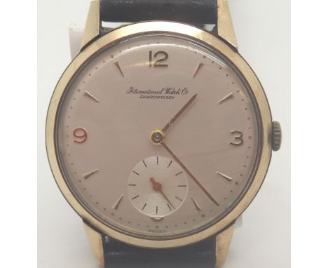 IWC International Watch Company gold screw back gents wristwatch, with inscription reading 'Presented by The Clayton Analine 