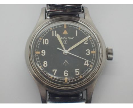 Military black faced Hamilton wristwatch pilots version 6B 9161000 H 2552 M   CONDITION REPORT:  This item ticks when wound a