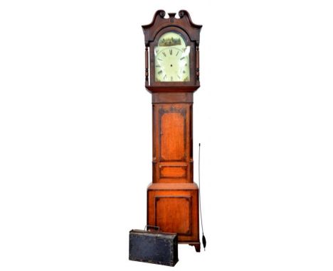 A VICTORIAN OAK, MAHOGANY AND ROSEWOOD THIRTY HOUR LONGCASE CLOCK WITH SWAN NECK PEDIMENT AND PAINTED DIAL, 220CM H