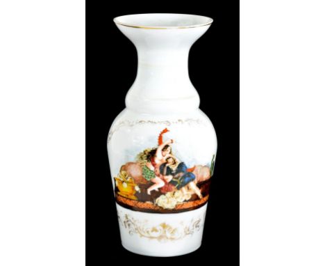 A CONTINENTAL OPAL GLASS VASE COLD PAINTED WITH AN MYTHOLOGICAL SUBJECT IN GILT BORDERS, 36CM H, 19TH CENTURY 