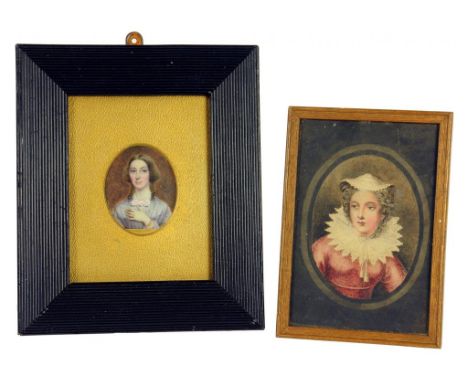 ENGLISH SCHOOL, MID 19TH CENTURY - PORTRAIT MINIATURE OF A YOUNG WOMAN,  IVORY, OVAL, APPROX 6CM X 5CM, REEDED EBONISED FRAME