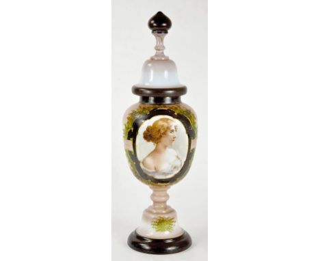 A VICTORIAN OPAL GLASS VASE AND COVER, PRINTED AND PAINTED WITH A PORTRAIT OF A YOUNG WOMAN IN CHOCOLATE BROWN BORDERS, 57CM 