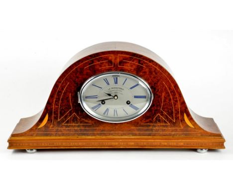A FRENCH THUYA WOOD AND INLAID COIN OPERATED MANTLE CLOCK, 26CM H