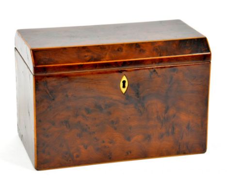 A REGENCY YEW WOOD TEA CADDY WITH BOX WOOD STRINGING, 18.5CM W