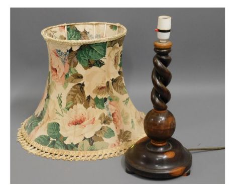 A hardwood barley twist lamp base 14in high &amp; shade