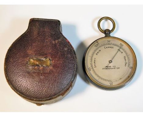 A brass cased pocket barometer by Ross Ltd. 31 Cockspur St, SW, 46mm wide with leather case, hinge a/f