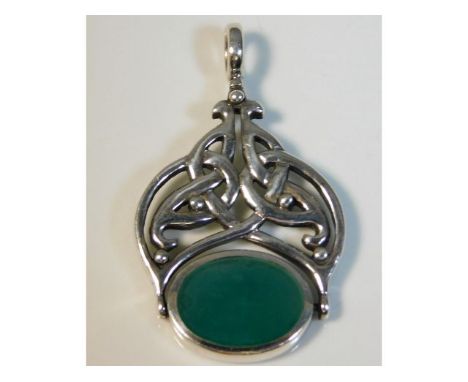 A Celtic style silver fob pendant with red &amp; green stone, 1.5in high, excluding loop, 8.7g