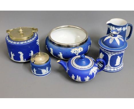 A Wedgwood jasperware biscuit barrel, a similar bowl 9in diameter &amp; other items, teapot a/f, restoration to tobacco jar l