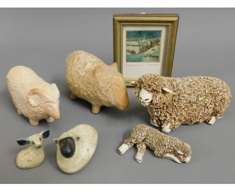 A woolly studio pottery ewe with lamb (loss to ear), a similar Tremar pairing, two soft stone carvings &amp; a limited editio