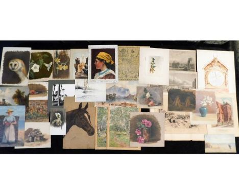 A large quantity portfolio of mixed unframed paintings including oils &amp; watercolours, prints &amp; other ephemera, many 1