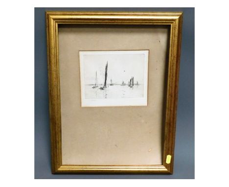 A W. L. Wyllie lithograph print of yachts on lake, frame lacking glass, mount loose, image size 6.5in x 5in, hand signed in p