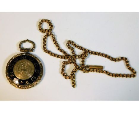 A yellow metal &amp; enamel memorial pendant twinned with a 1920's 9ct gold chain a/f, 11.9g total 