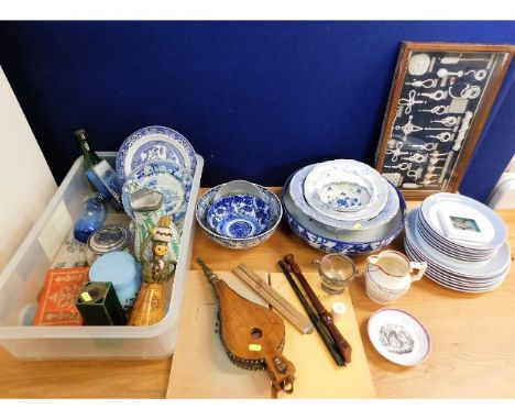 Fourteen Habitat pinstripe dinner &amp; side plates twinned with a Rabone rule, a Clarke tinplate whistle, an early 20thC. Do