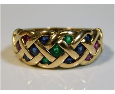 A 9ct gold ring with lattice design set with ruby, sapphire &amp; emerald, size O, 3.5g