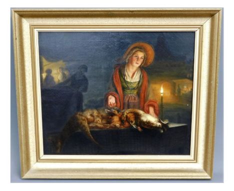 A later relined &amp; remounted mid 19thC. oil on canvas of woman selling game at "Market By Candlelight", very much in the s