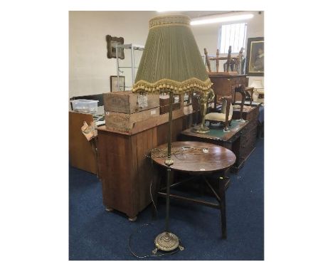 A gilt metal standard lamp with silk shade, 74in high